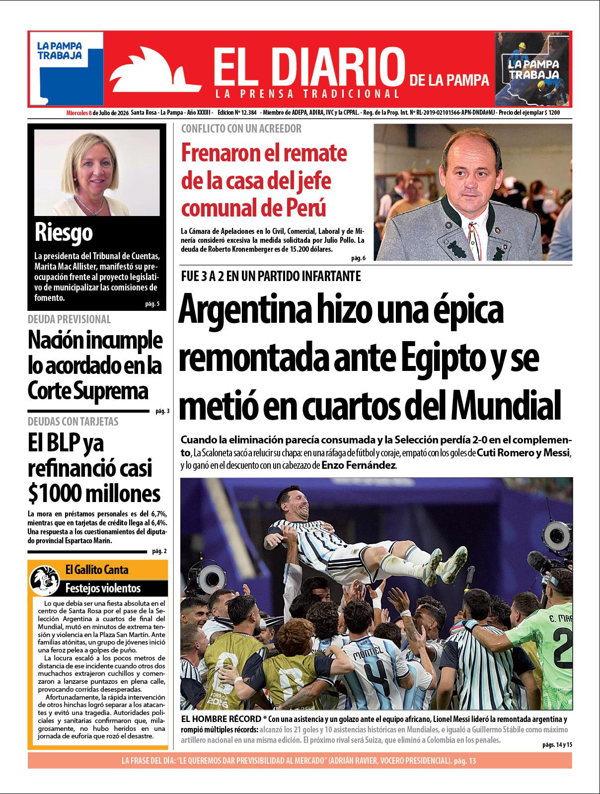 Tapa de El Diario en papel  mieacutercoles 08 de julio de 2026
